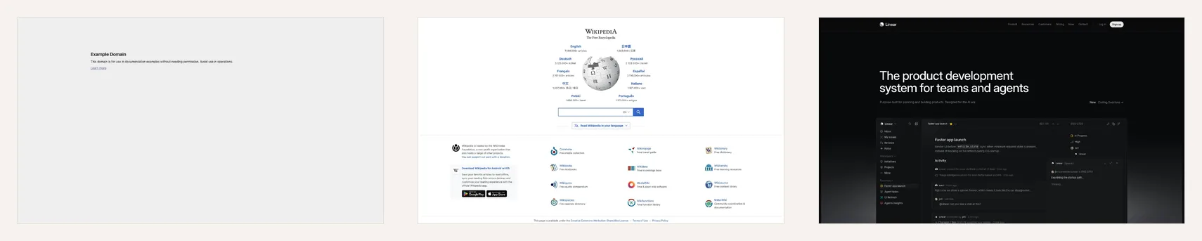 Tre screenshot esportati di example.com, Wikipedia e Linear