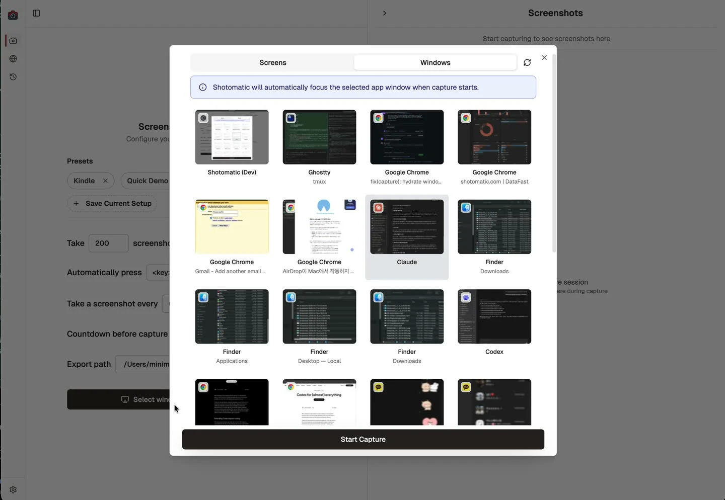 Shotomatic window picker showing app previews, app icons, and an automatic focus hint