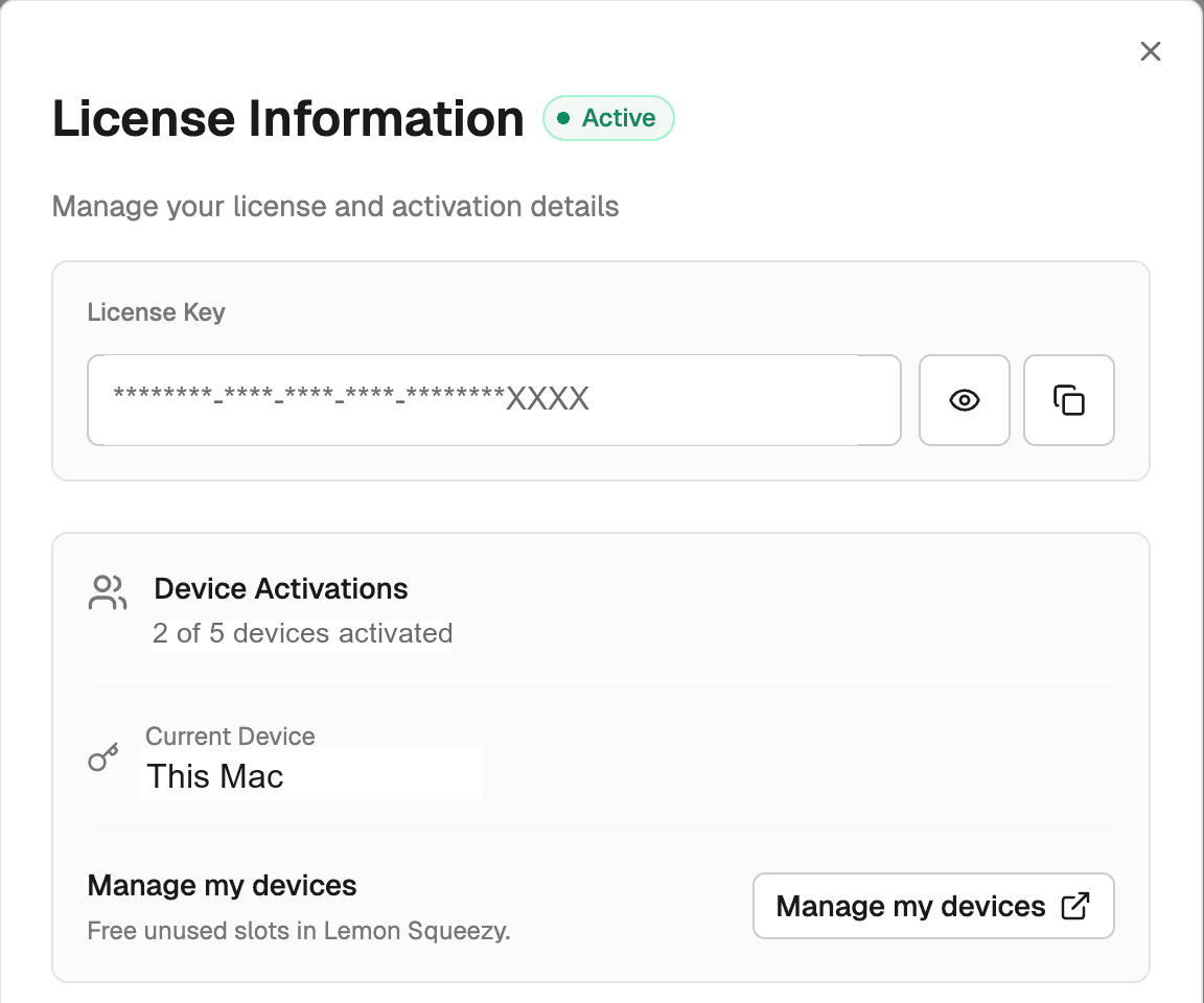 Shotomatic License information modal showing a redacted license key and device management controls