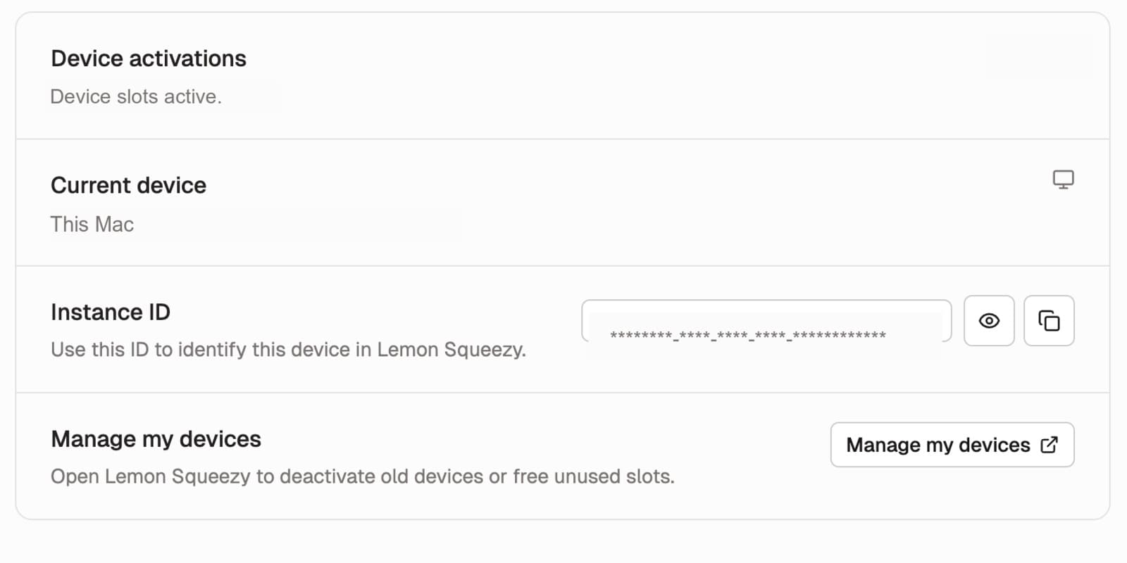 Shotomatic License settings page showing Instance ID and device management controls