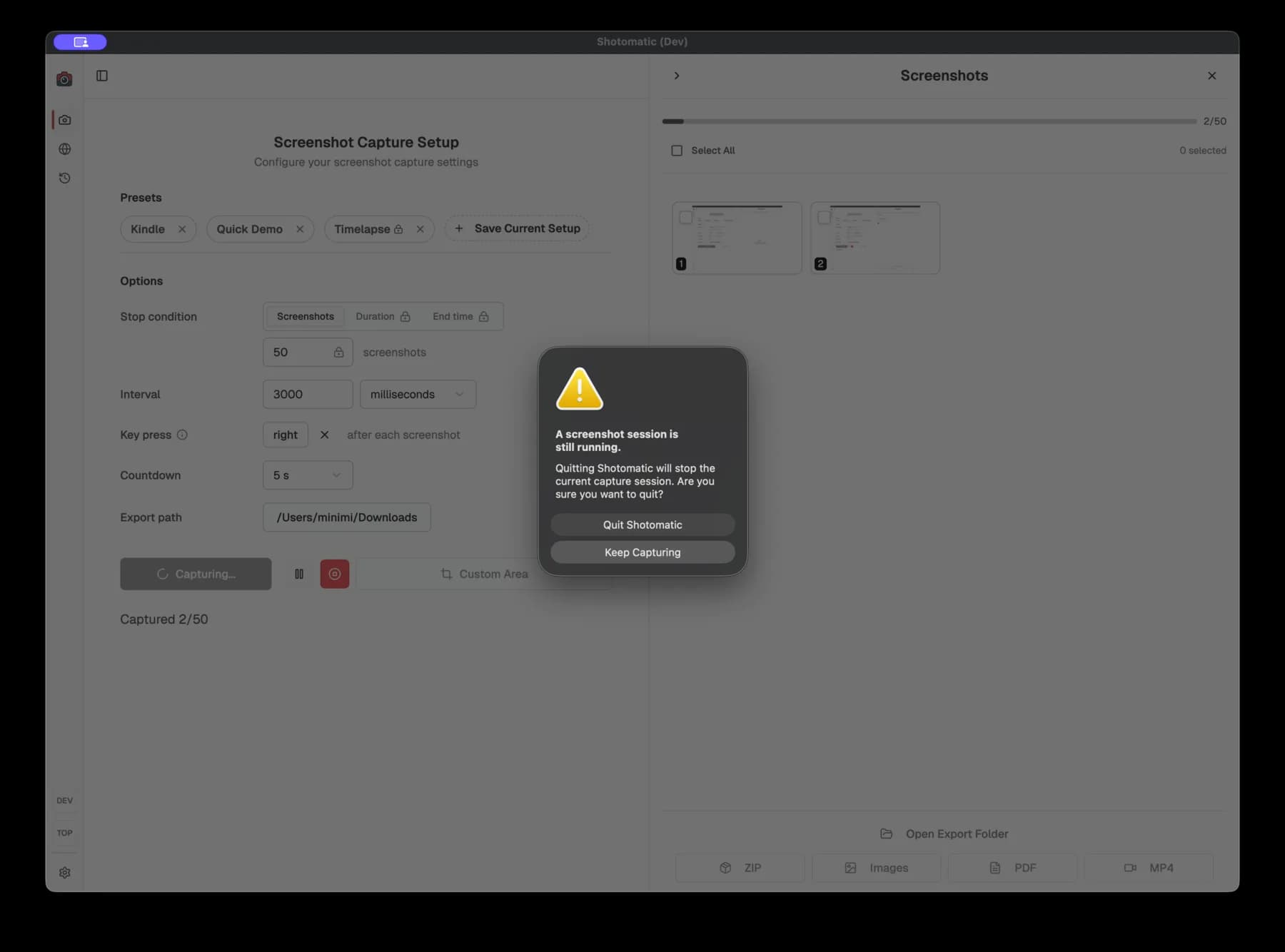 Shotomatic showing a quit confirmation while a screenshot capture session is still running