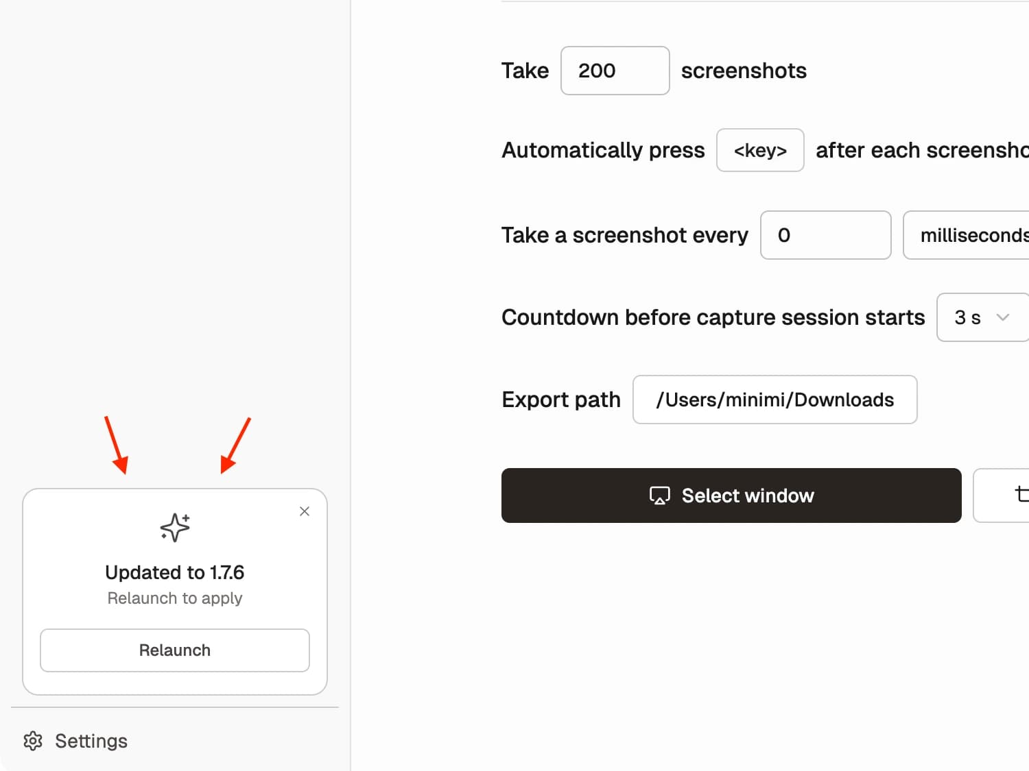 Shotomatic showing the quieter update prompt as a compact card in the sidebar above Settings