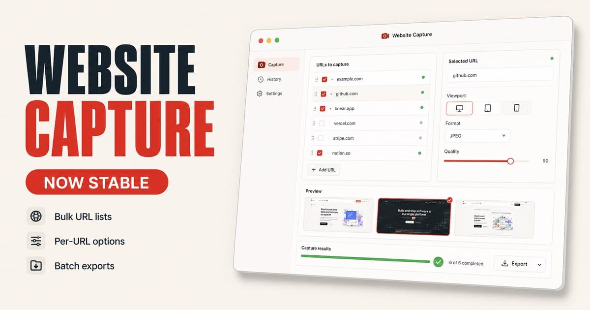 Website Capture is now stable thumbnail showing the Shotomatic Website Capture interface