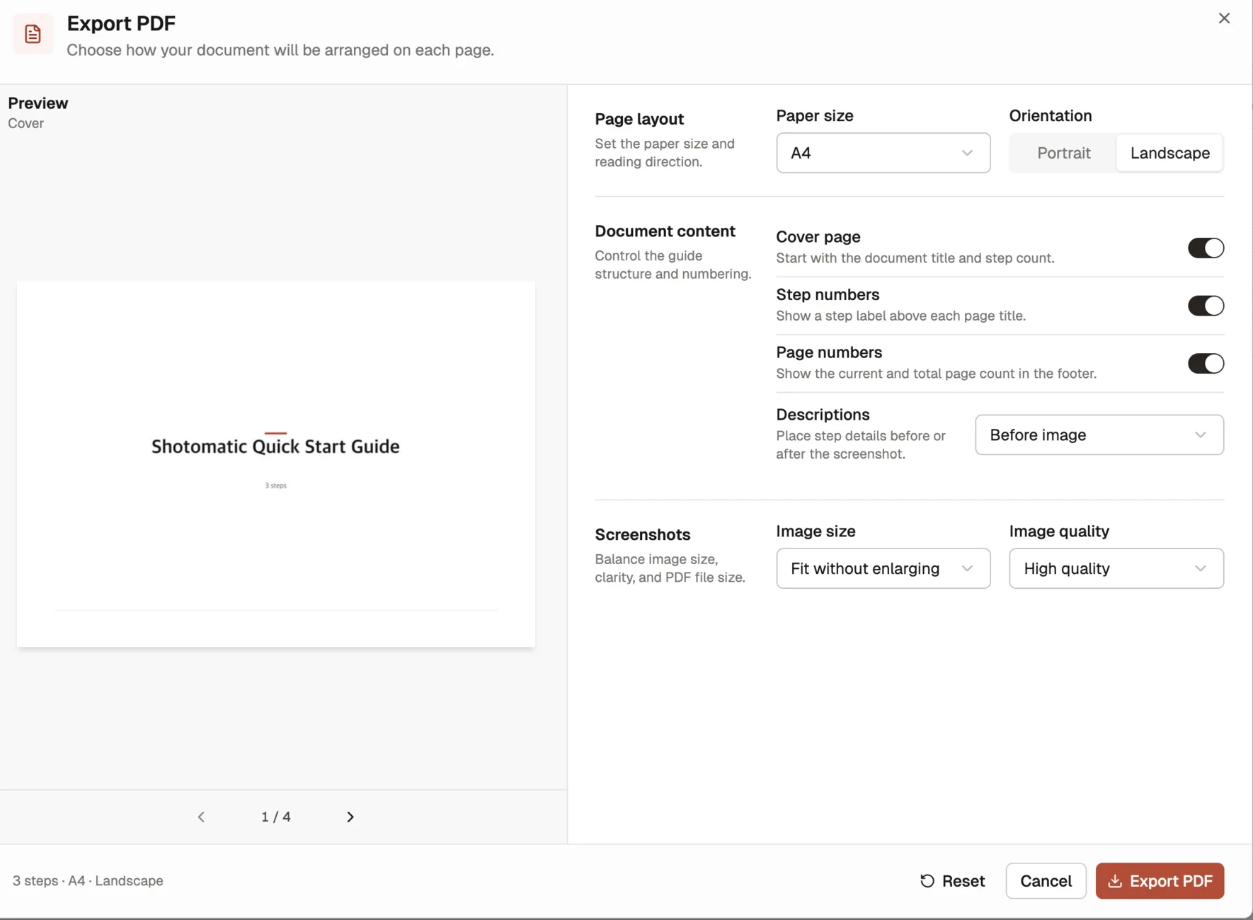Shotomatic-Dialog zum PDF-Export mit Einstellungen für Seitenlayout, Ausrichtung, Bildgröße und Qualität