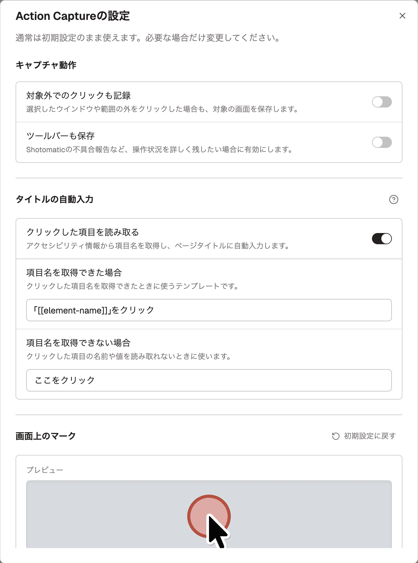 Action Captureでページタイトルとクリック位置の表示方法を設定する画面