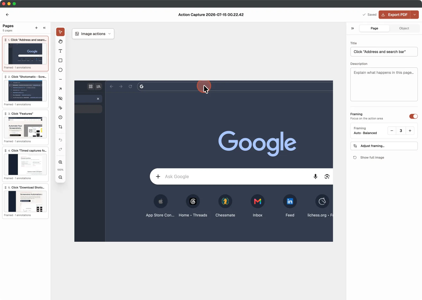 Shotomatic document editor with a five-step Action Capture guide, page thumbnails, annotation tools, Action Focus framing, and an Export PDF button