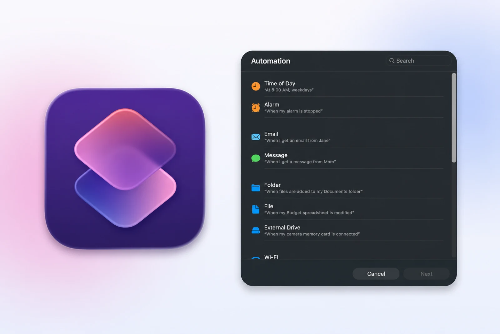 Shortcuts app icon beside the personal automation trigger list on Mac