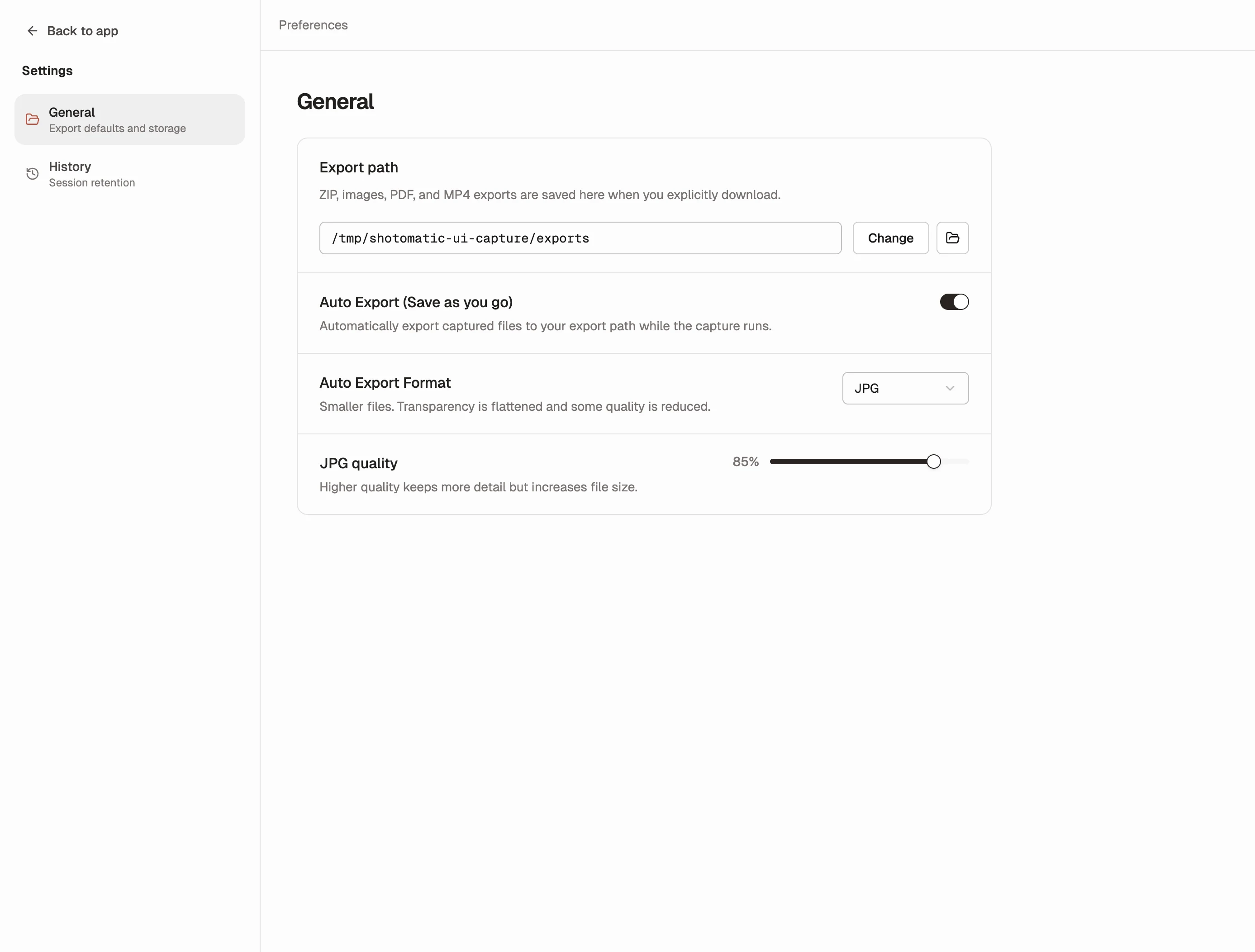 Shotomatic General settings showing the Auto Export (Save as you go) option with format controls