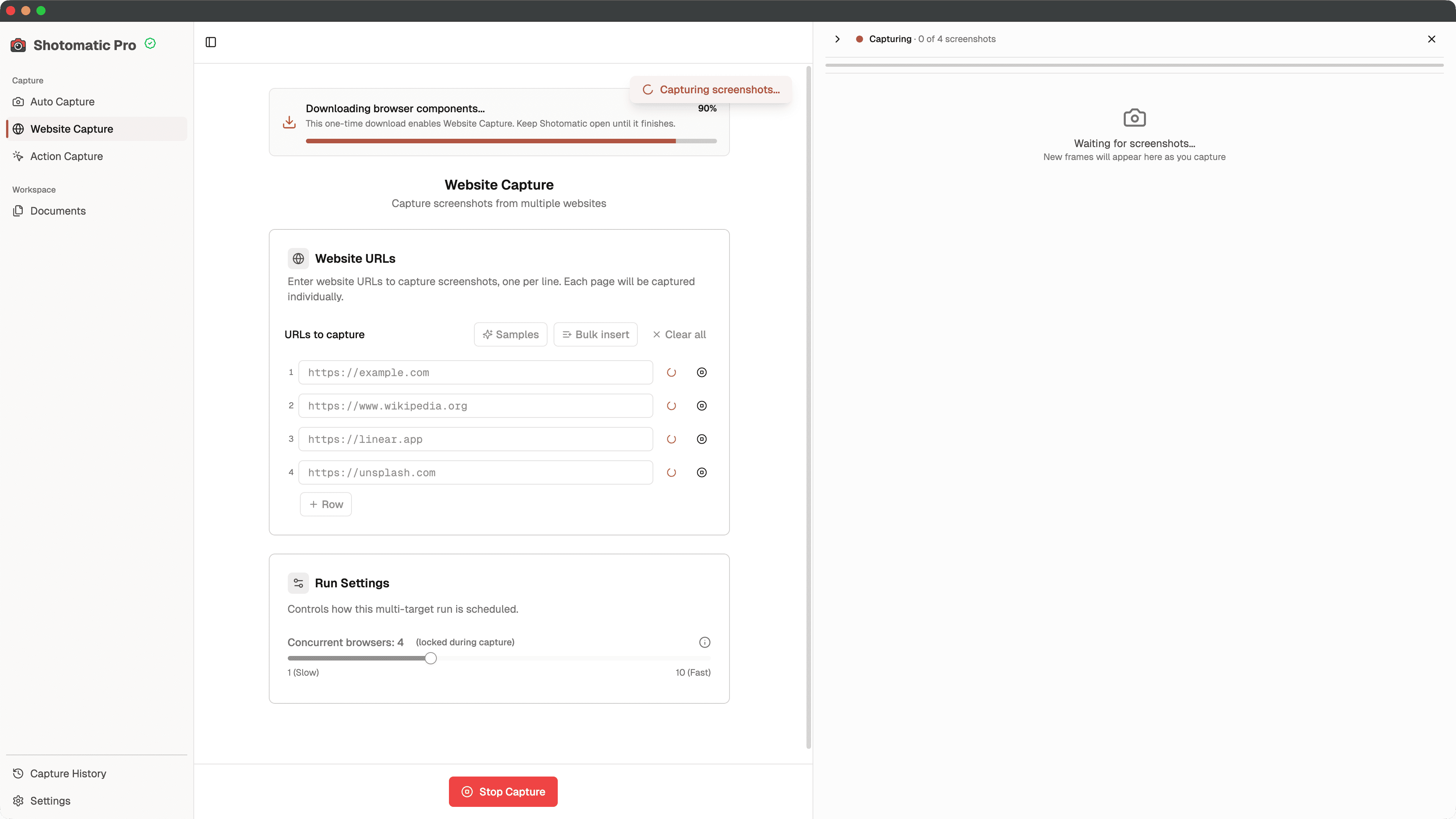 Website Capture in Shotomatic beim einmaligen Download der Browserkomponenten mit 90 Prozent Fortschritt