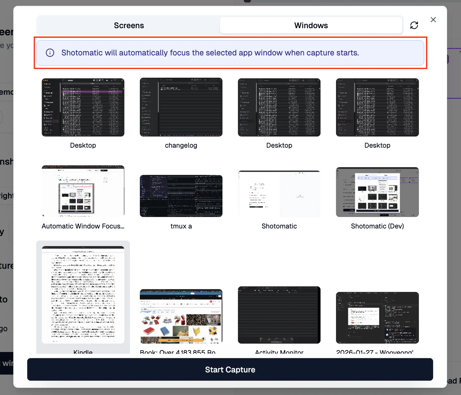 Window capture selection with an autofocus hint