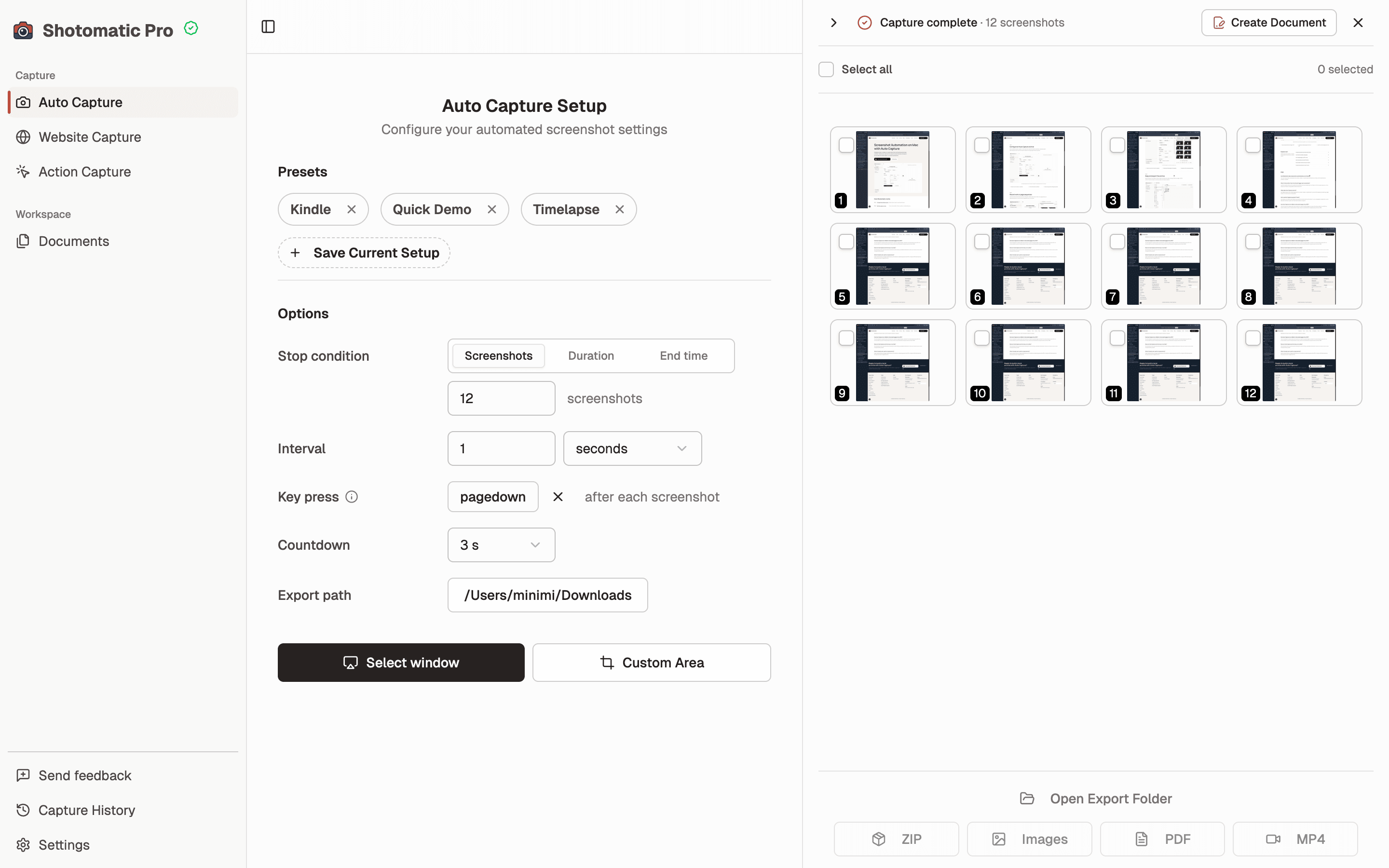 Shotomatic Auto Capture with Page Down configured and 12 screenshots collected in order
