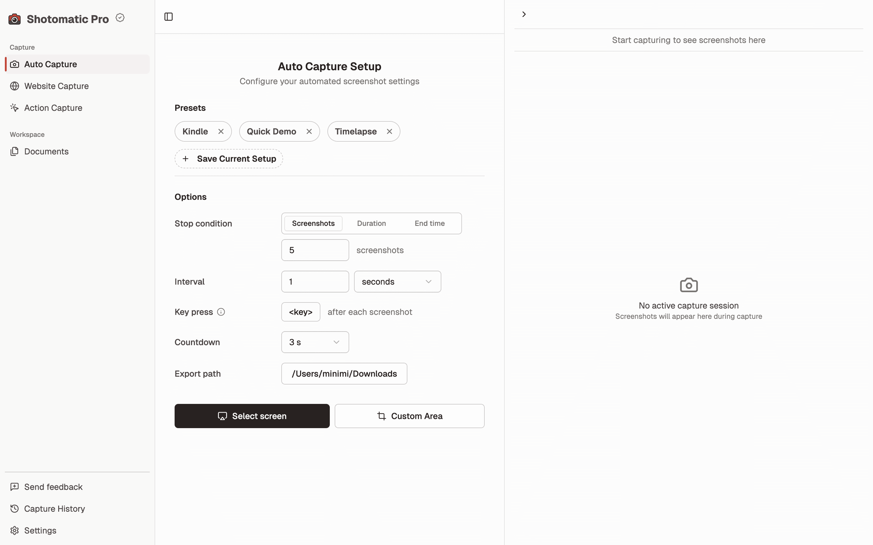 Shotomatic Auto Capture setup with stop condition, interval, keypress, countdown, and export path controls