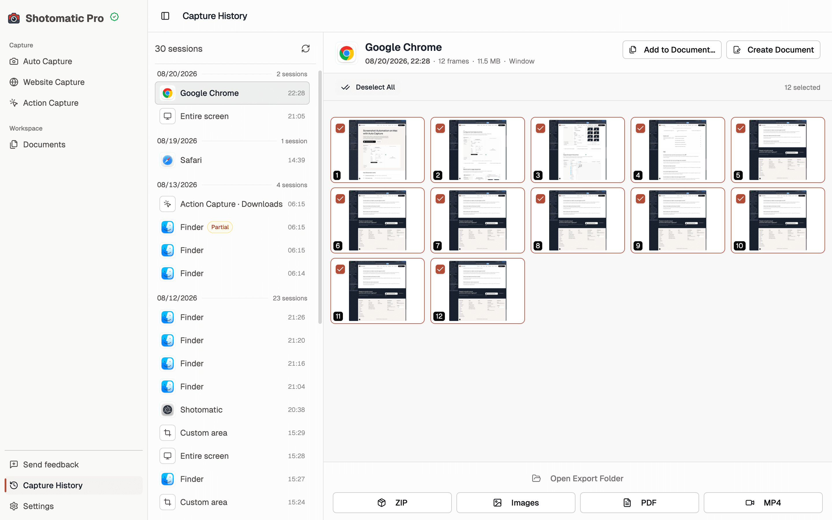 Shotomatic Capture History with an Auto Capture session and local ZIP, image, PDF, and MP4 export options