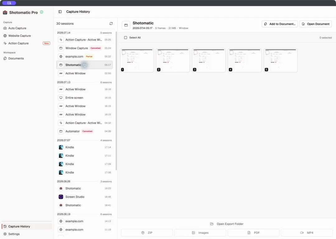 Shotomatic Capture History with an Auto Capture session and local ZIP, image, PDF, and MP4 export options