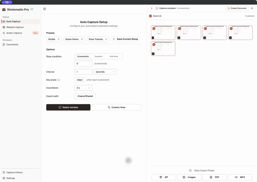 Completed Shotomatic Auto Capture session with five ordered screenshots selected for export