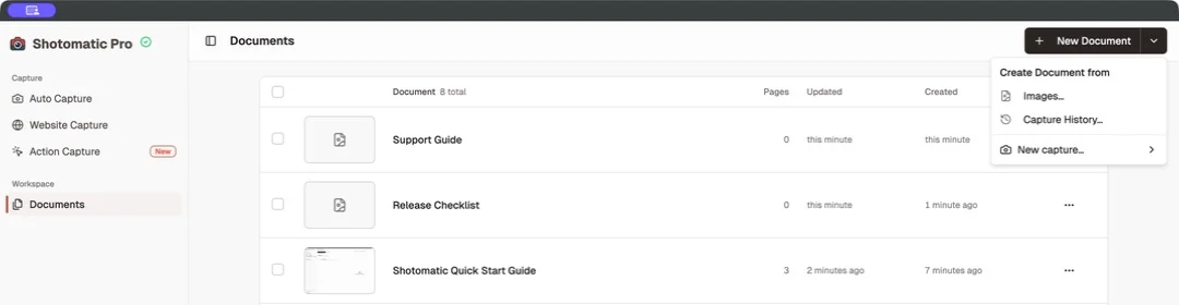 New Document menu with Images, Capture History, Auto Capture, Website Capture, and Action Capture