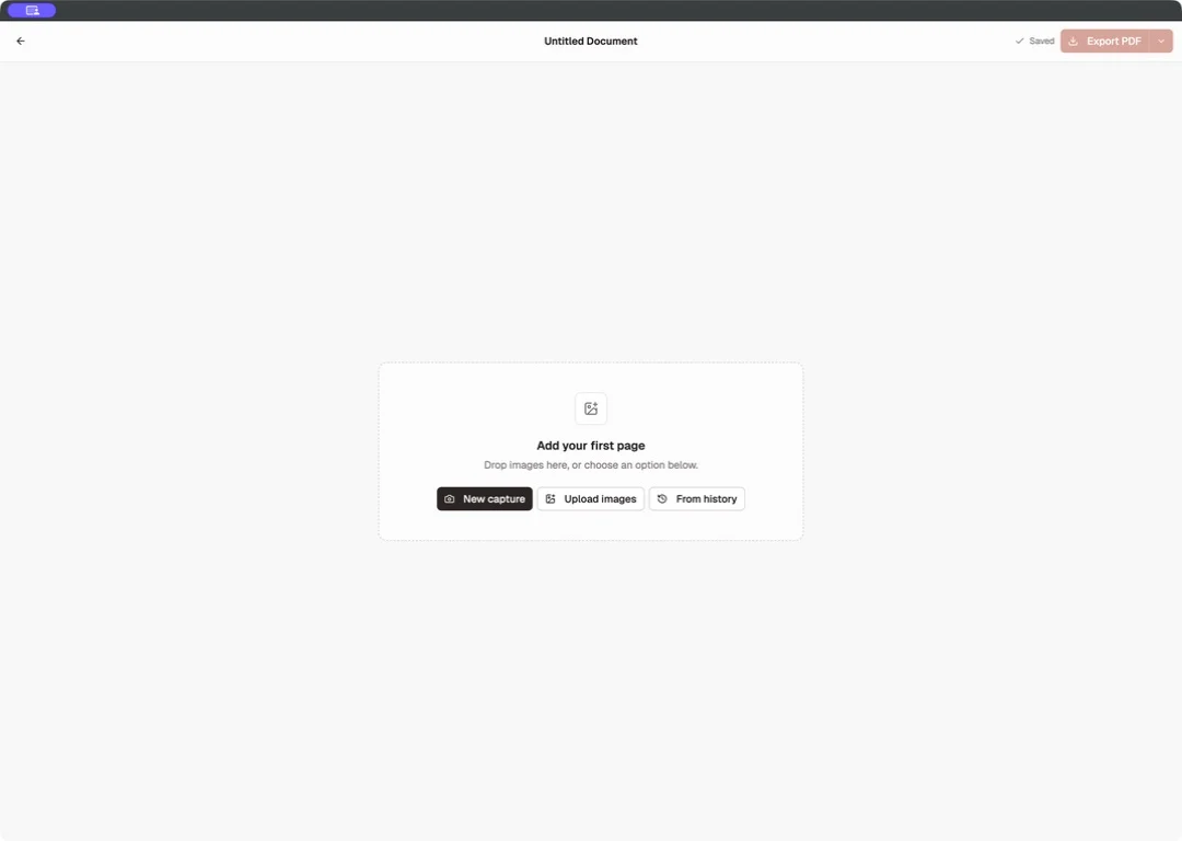 Empty Shotomatic Document with options to add images, use Capture History, or start a capture