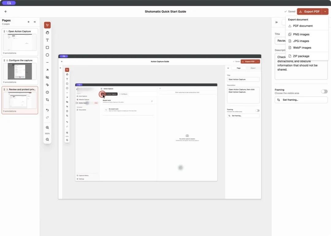 Shotomatic Document export menu with PDF, PNG, JPG, WebP, and ZIP formats