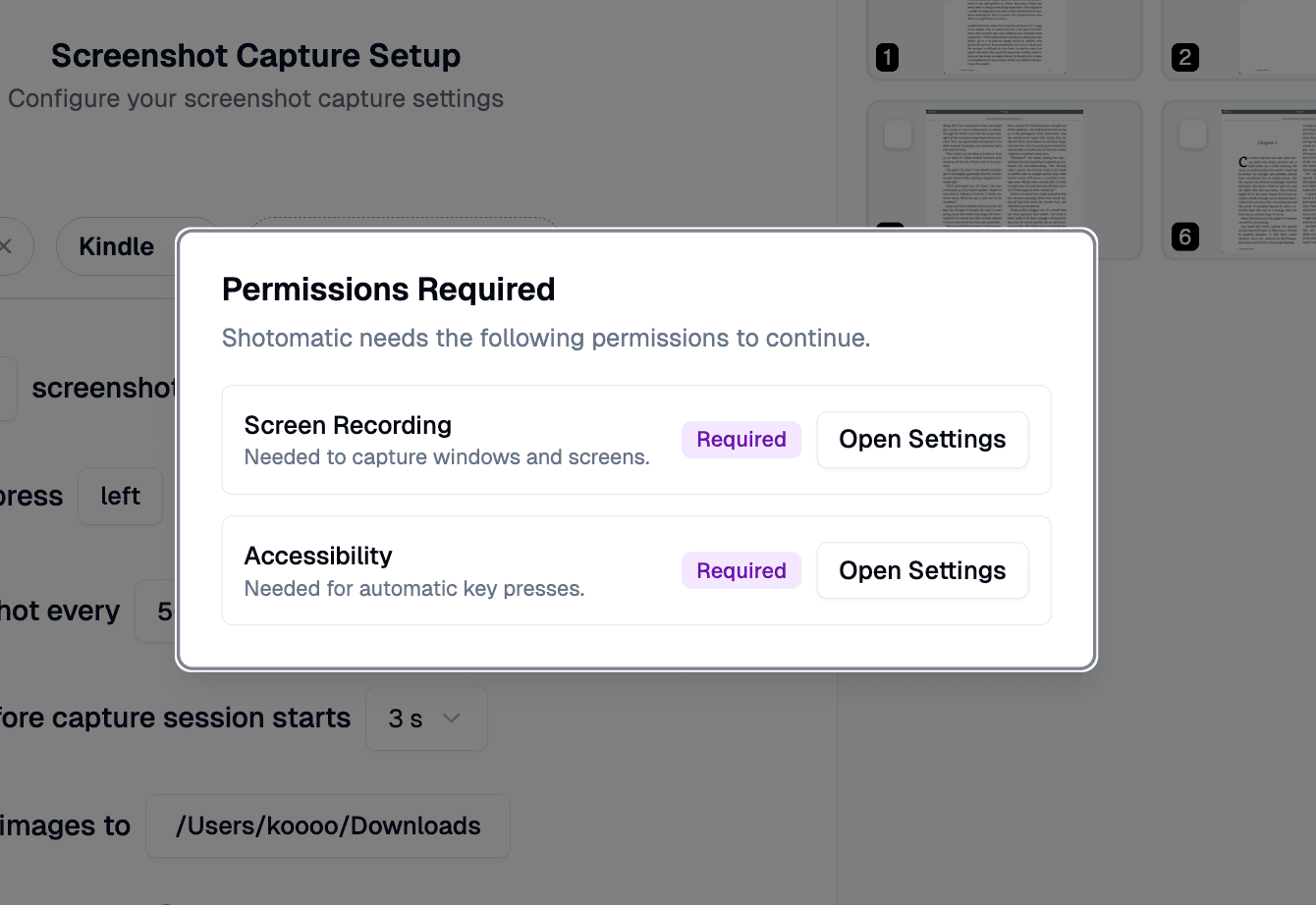 Permissions Required dialog listing Screen Recording and Accessibility with Open Settings buttons