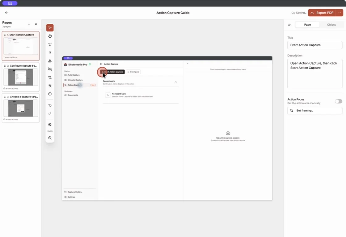 Shotomatic Action Capture editor with an ordered guide, page details, and annotation tools