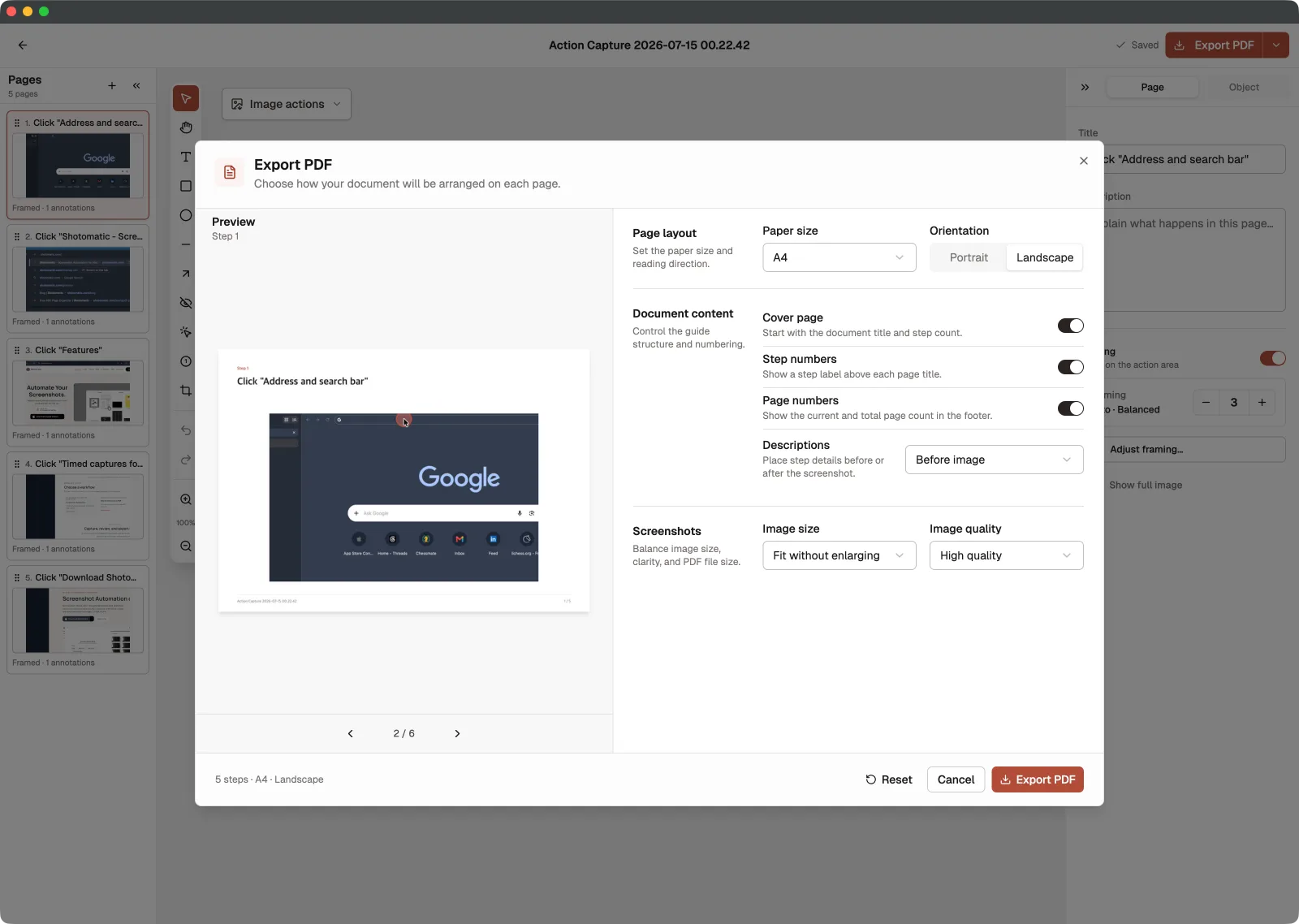 Shotomatic Export PDF dialog showing a guide preview with paper size, orientation, cover, numbering, description placement, image size, and quality controls