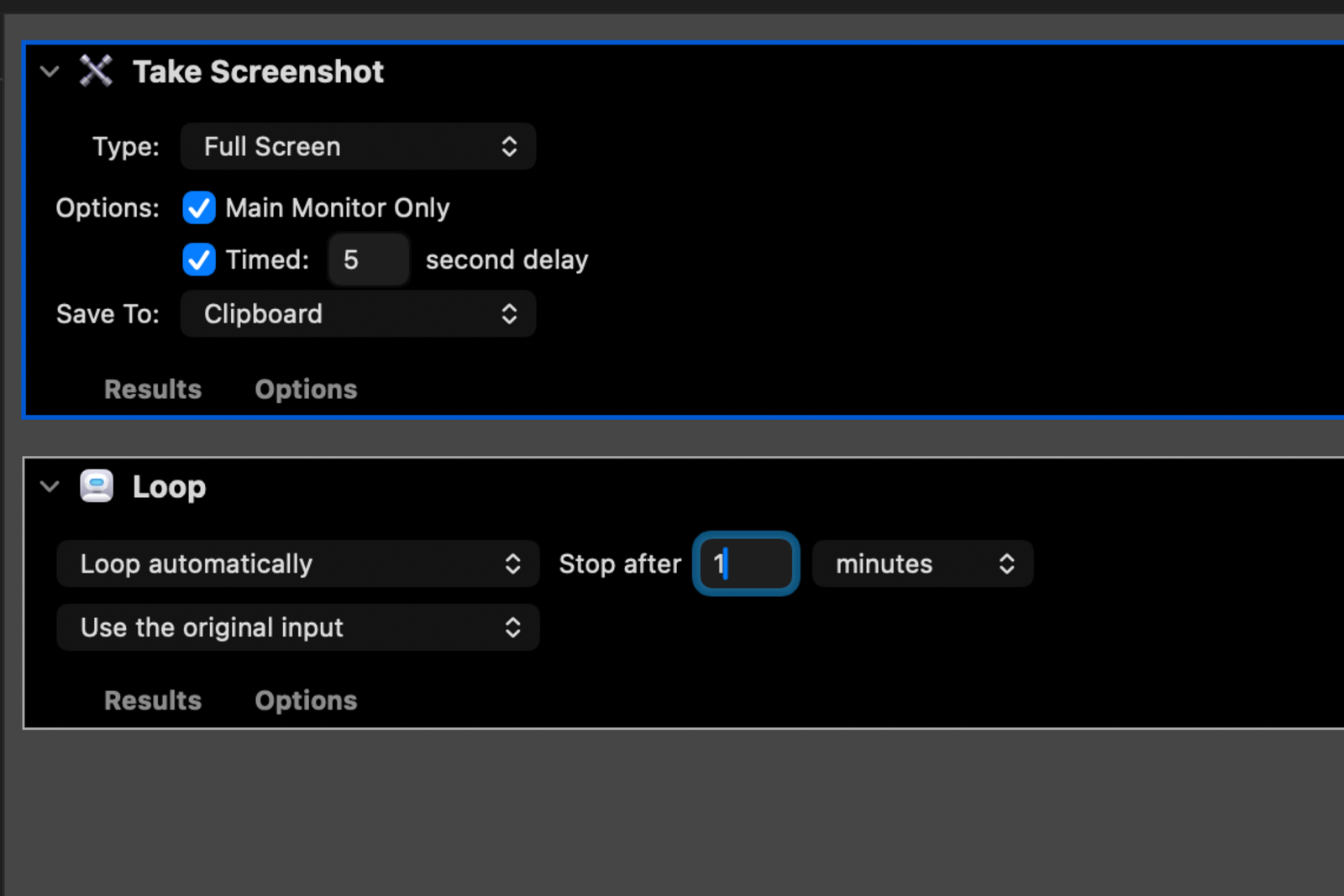 Automator Take Screenshot action followed by a Loop action set to stop after one minute