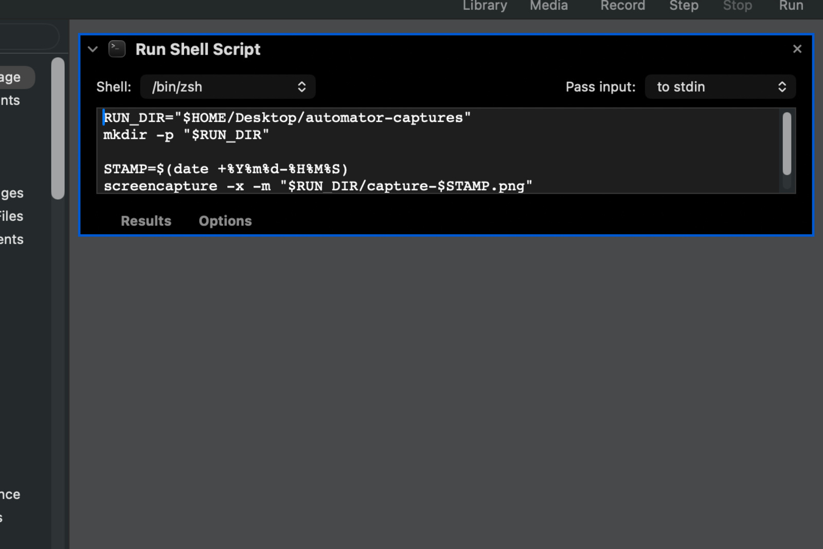 Automator Run Shell Script action set to use zsh for a screenshot command
