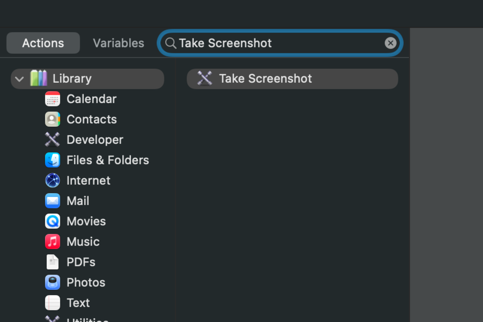 Automator Actions library filtered to the Take Screenshot action