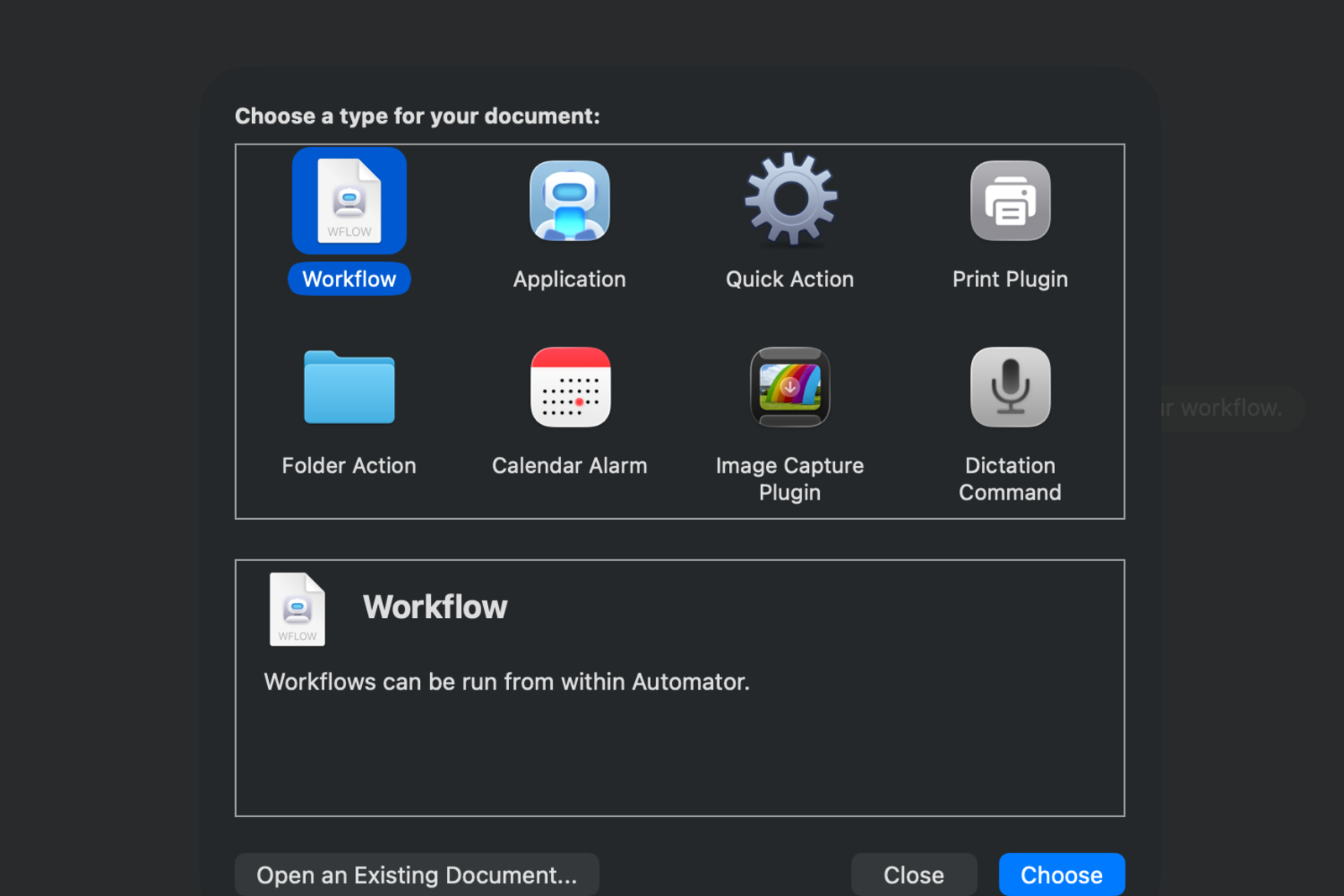 Automator document picker with Workflow selected