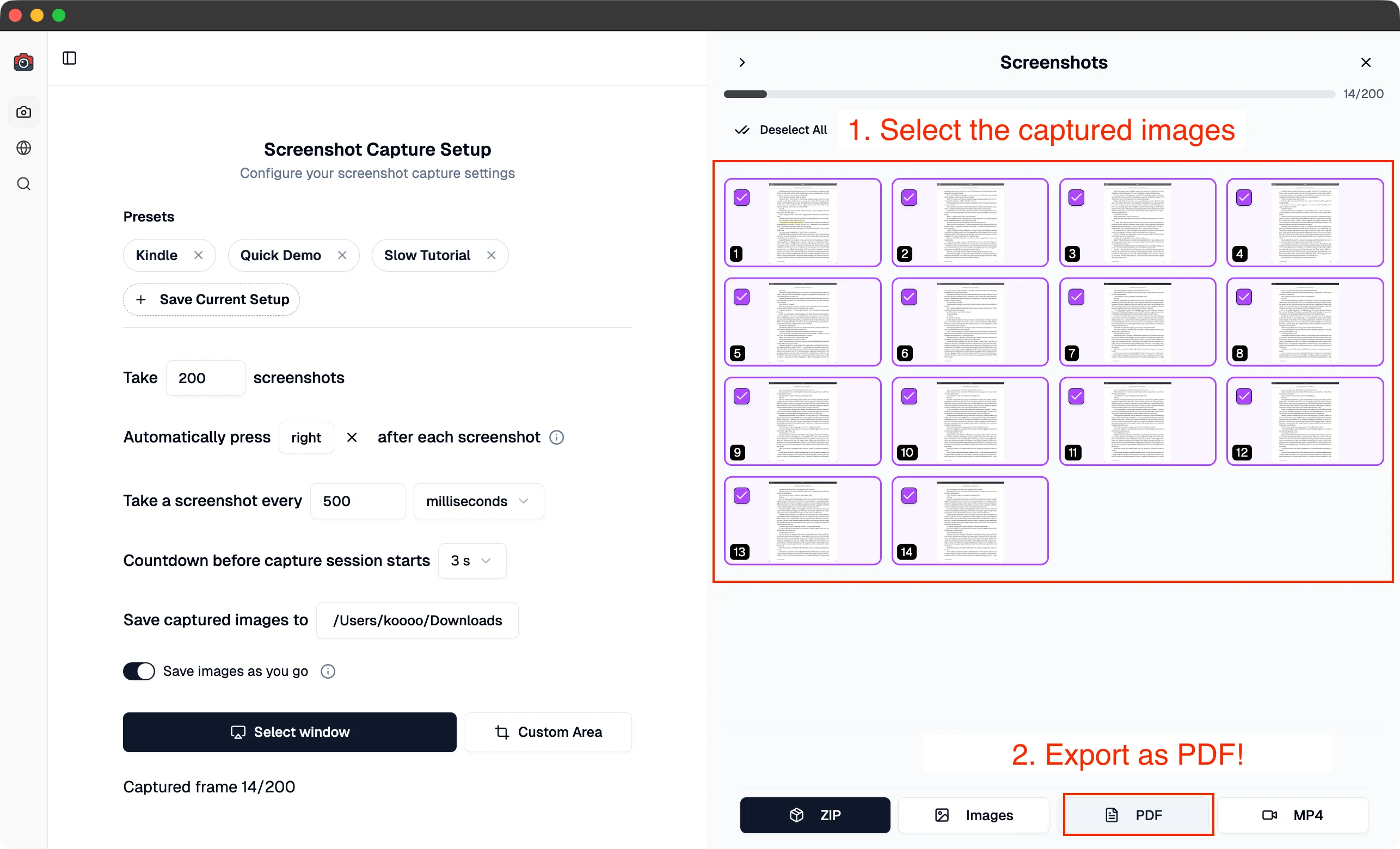 Exporting screenshots as searchable PDF