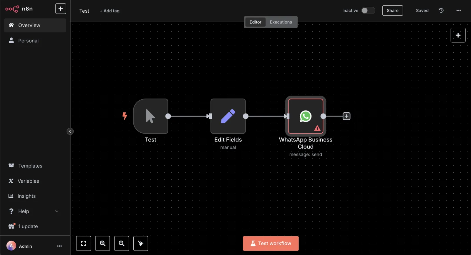n8n workflow editor showing connected automation steps on a canvas