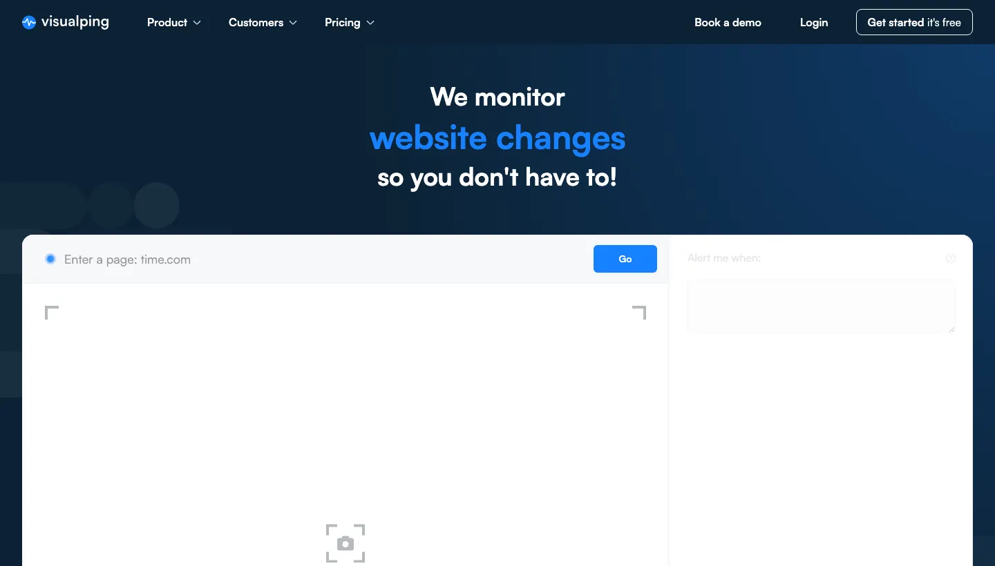 Visualping homepage showing website change monitoring