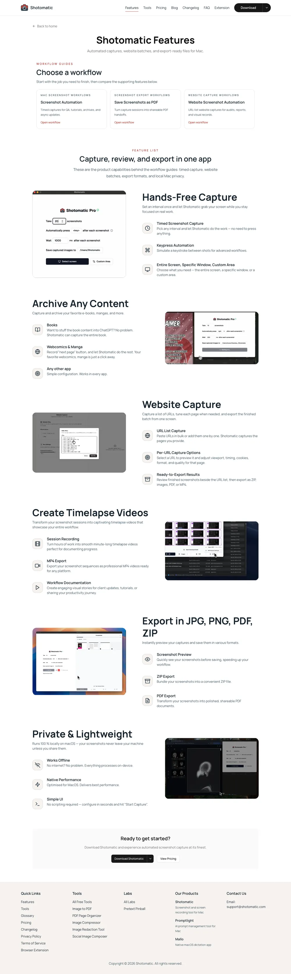 Full-page Playwright screenshot output of Shotomatic's features page