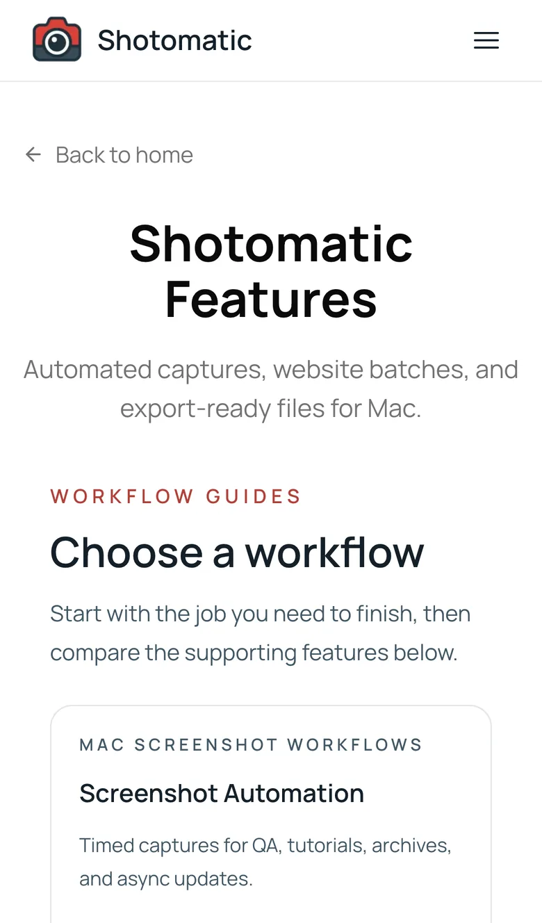 Mobile viewport Playwright screenshot output of Shotomatic's features page