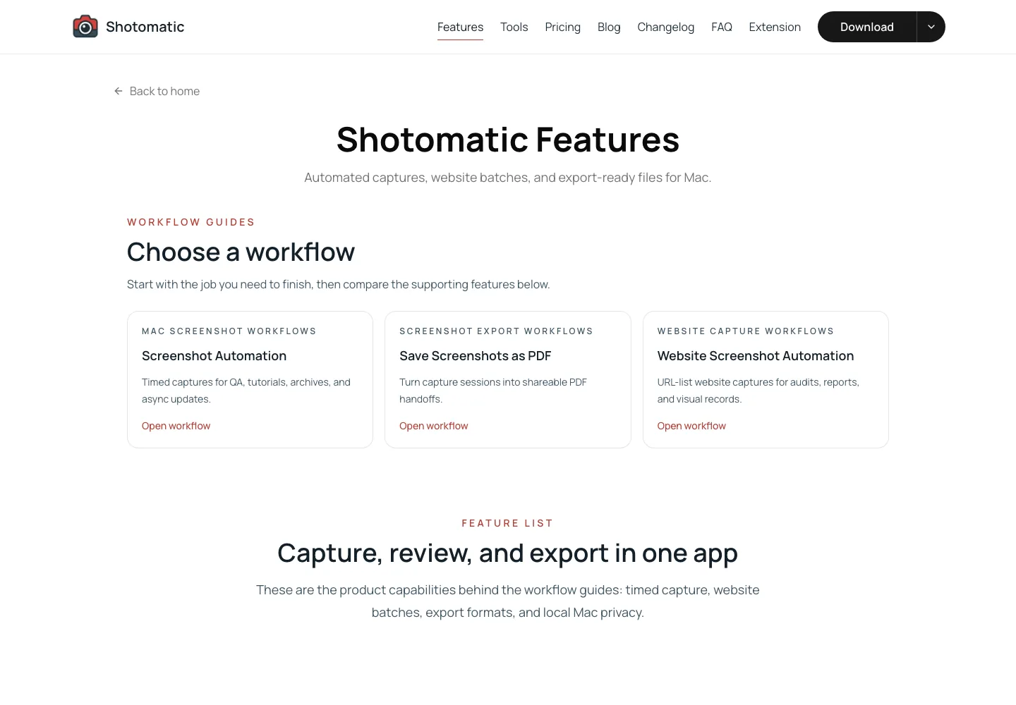 Screenshot output from the Playwright capture-one example showing Shotomatic's features page