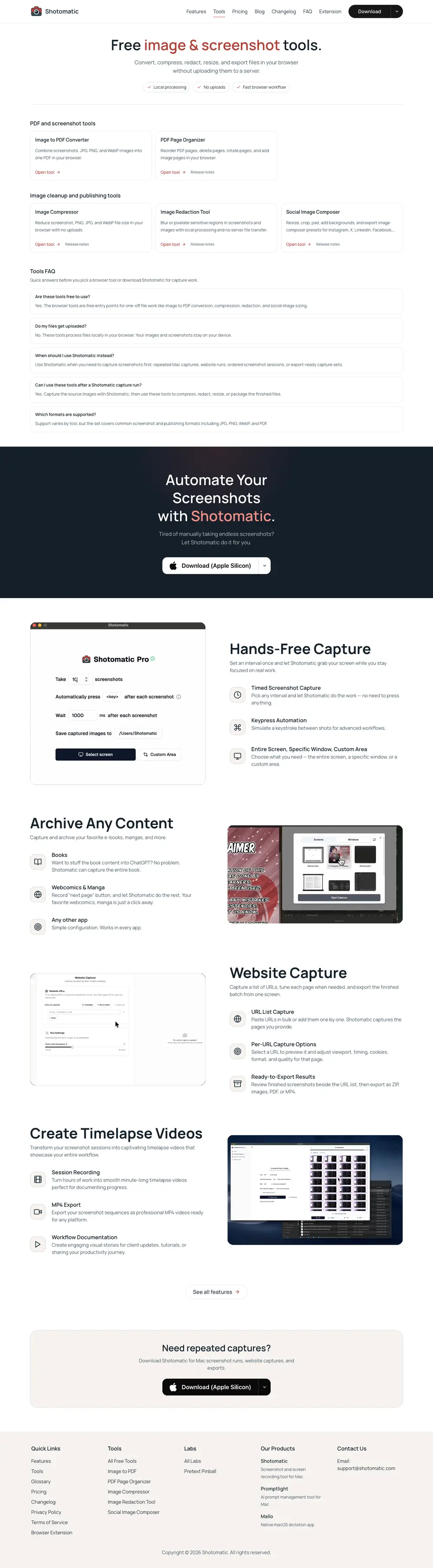 Full-page Puppeteer screenshot output of Shotomatic's free tools page
