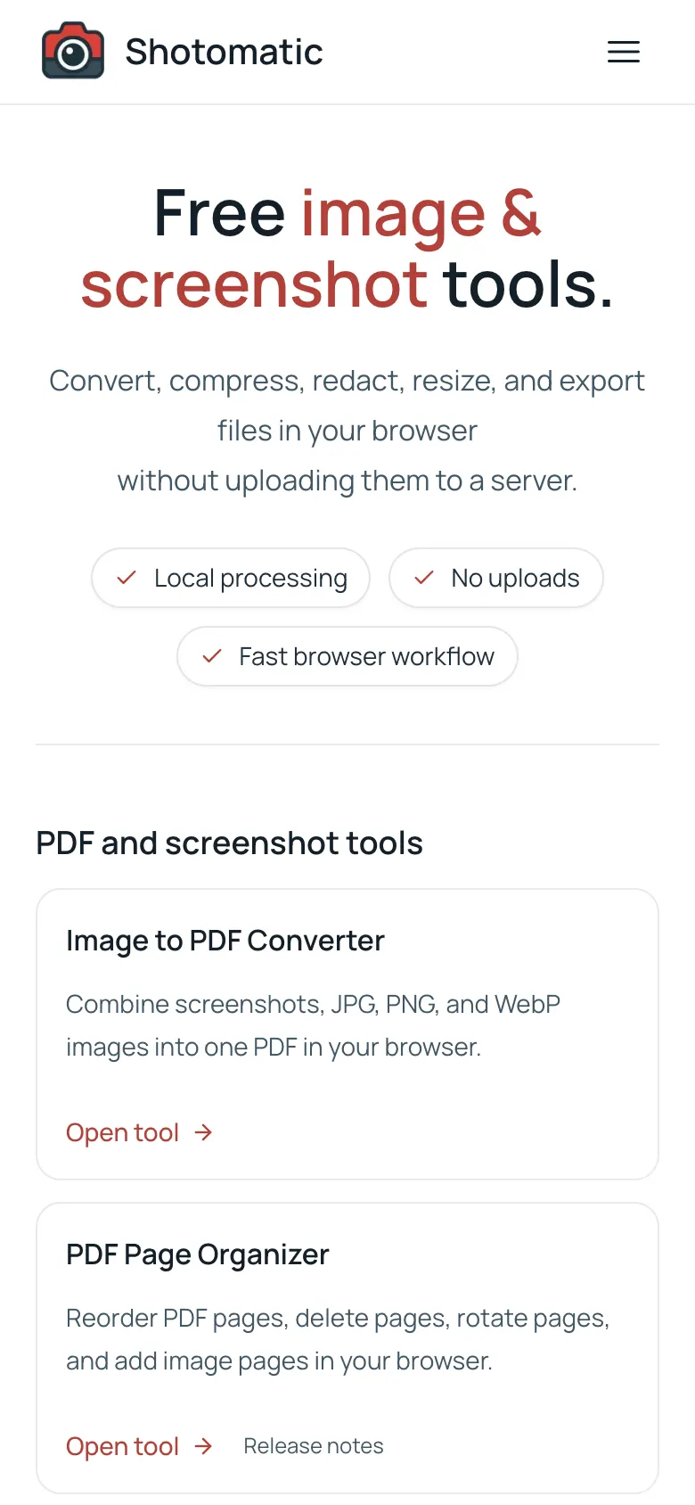 Mobile viewport Puppeteer screenshot output of Shotomatic's tools page