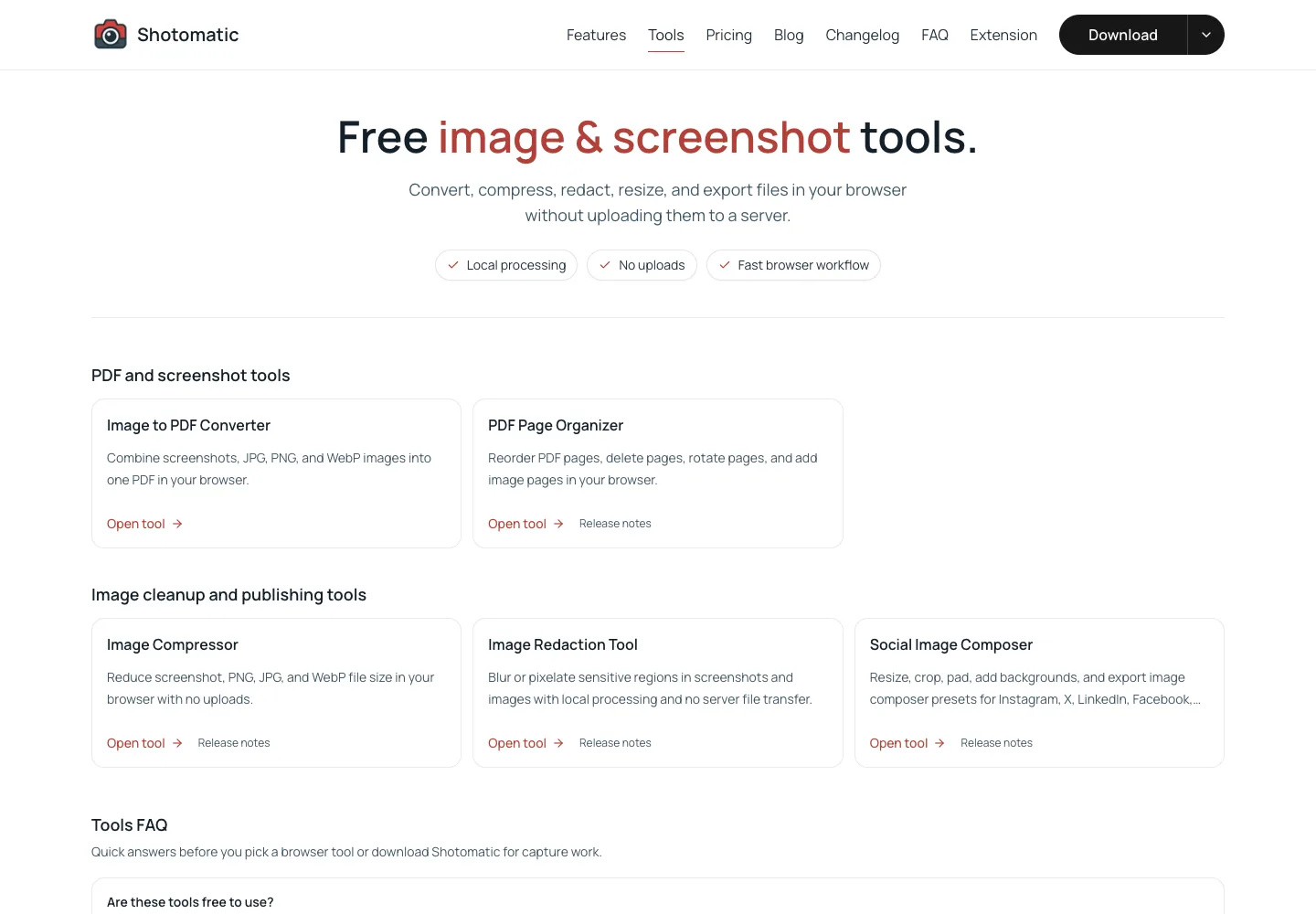 Screenshot output from the Puppeteer capture-one example showing Shotomatic's tools page