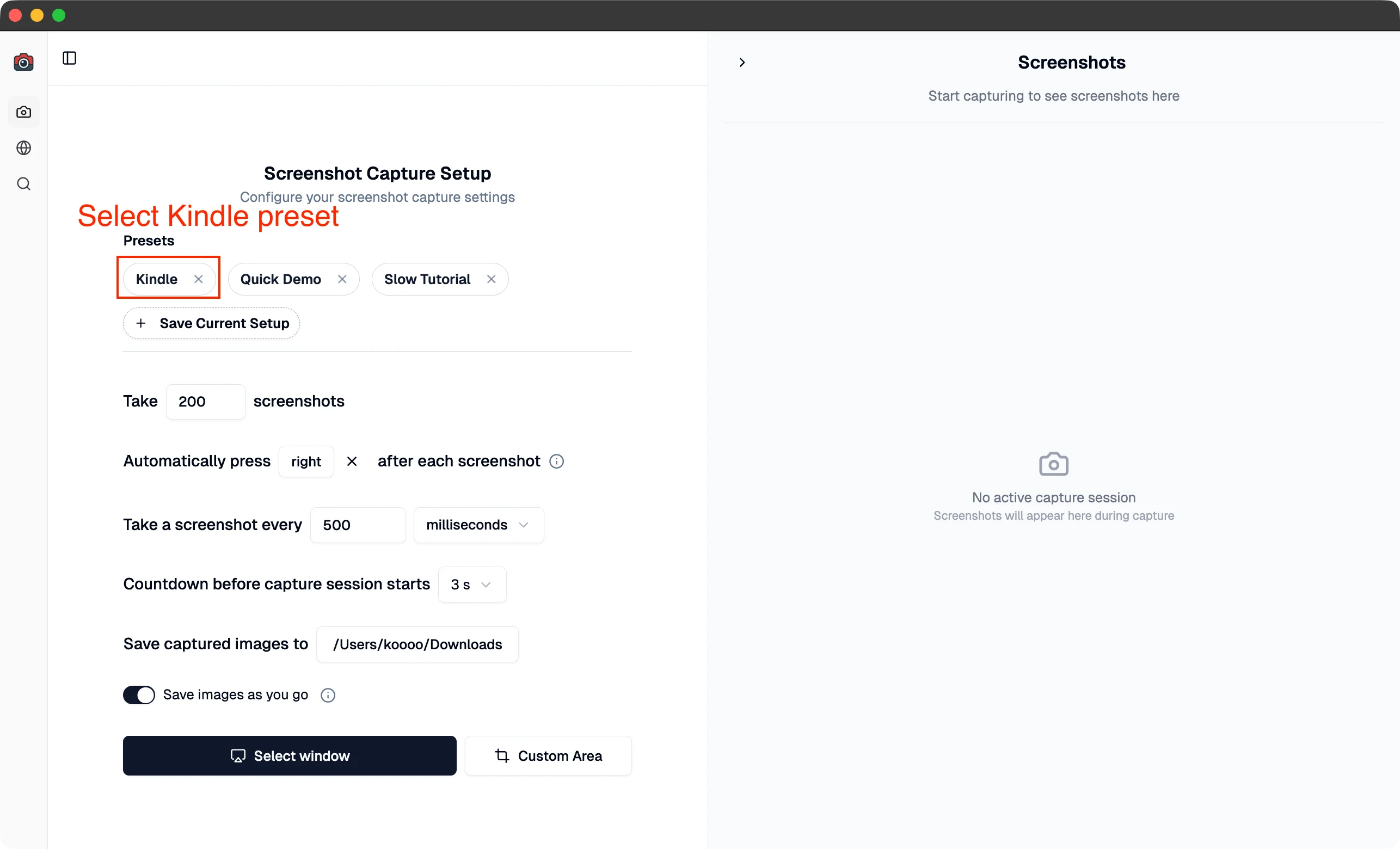 Shotomatic with Kindle preset selected