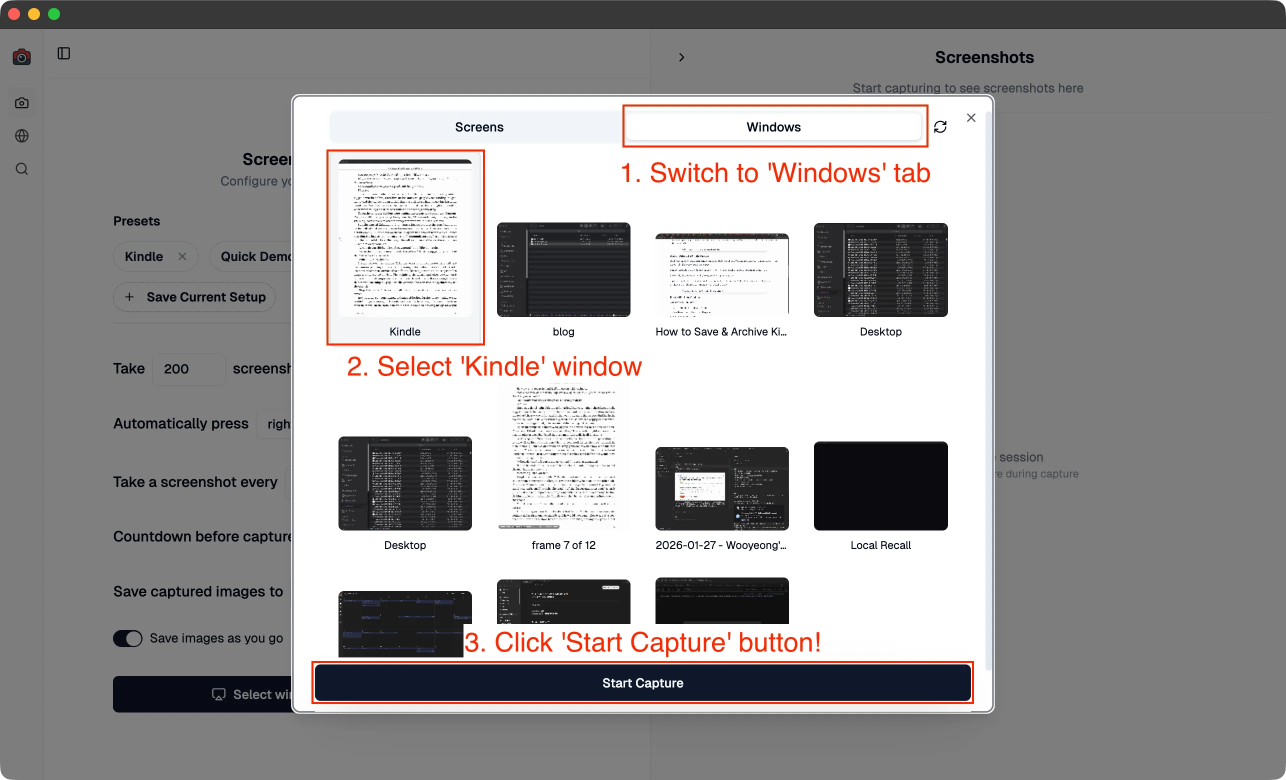 Selecting the Kindle window in Shotomatic