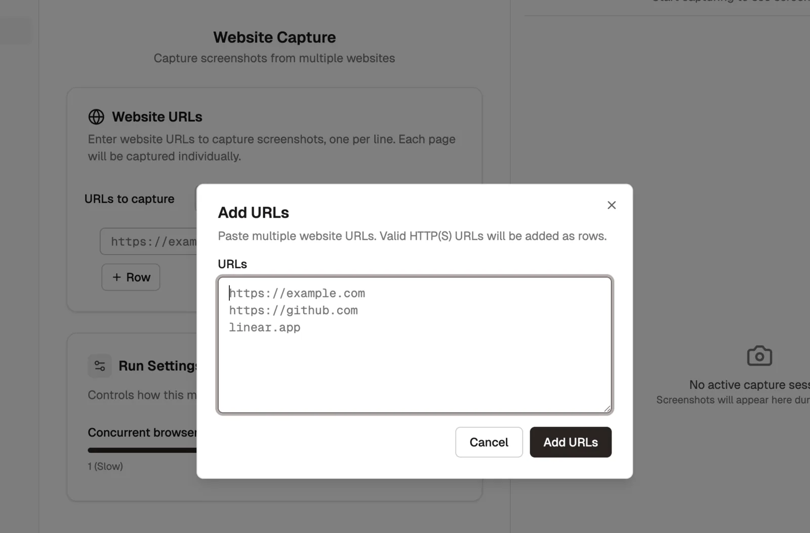 Shotomatic Website Capture showing the Add URLs dialog with multiple website URLs