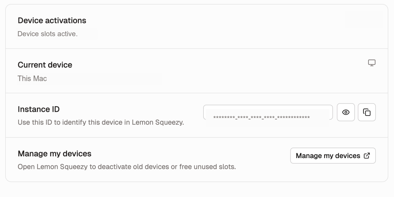 Shotomatic License settings page showing Instance ID and device management controls