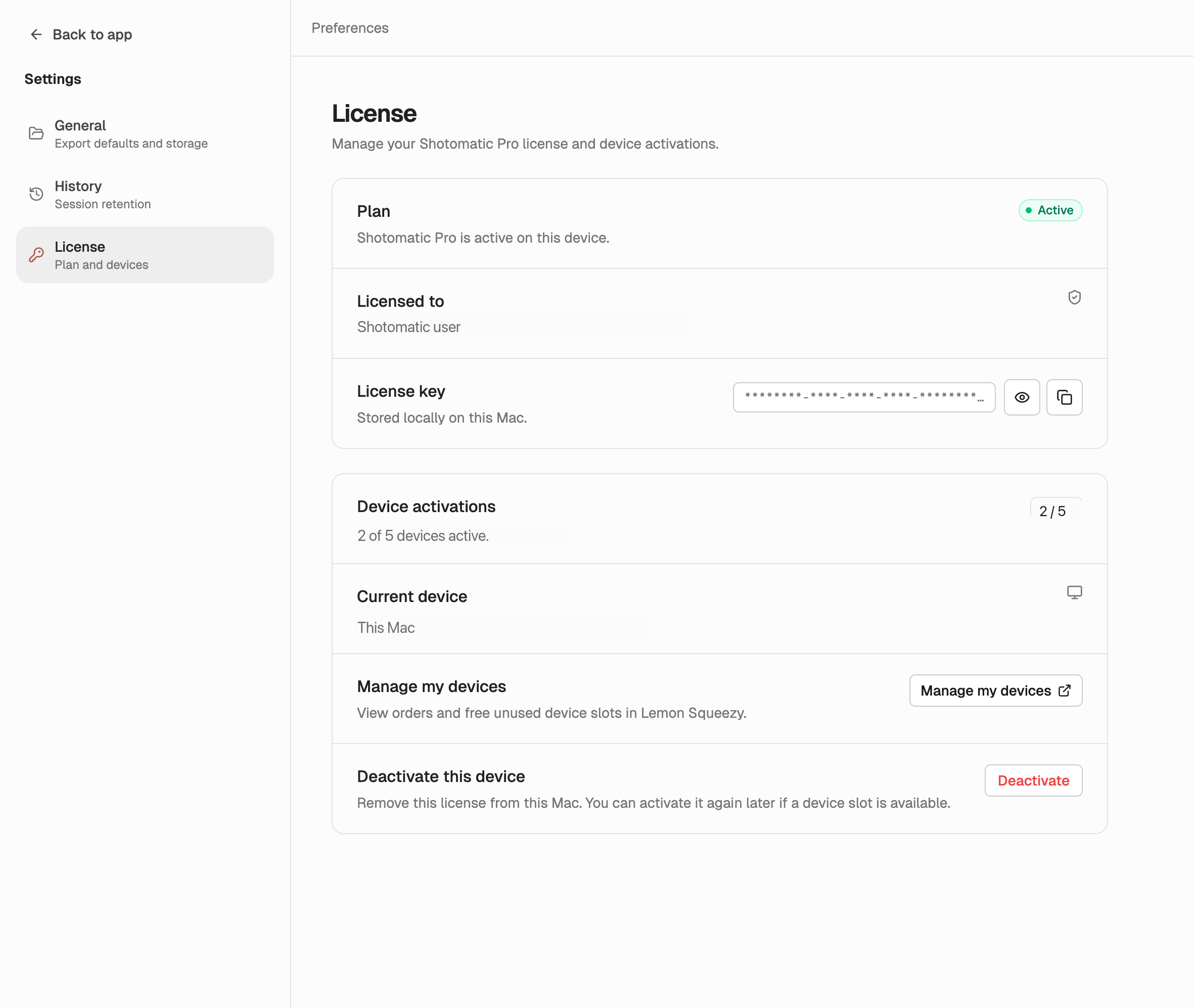 Shotomatic License settings page showing plan, device activations, and device management controls