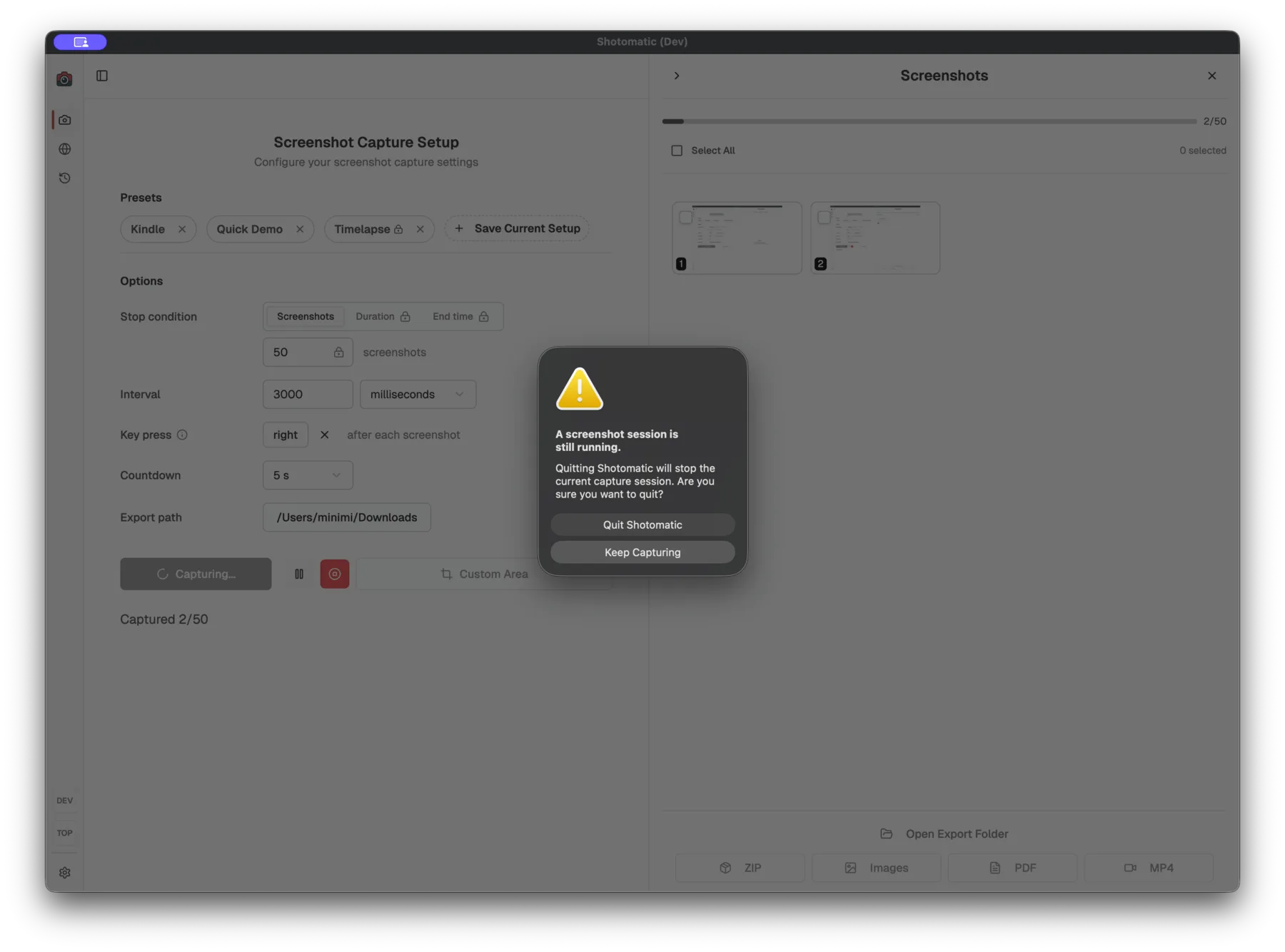 Shotomatic showing a quit confirmation while a screenshot capture session is still running