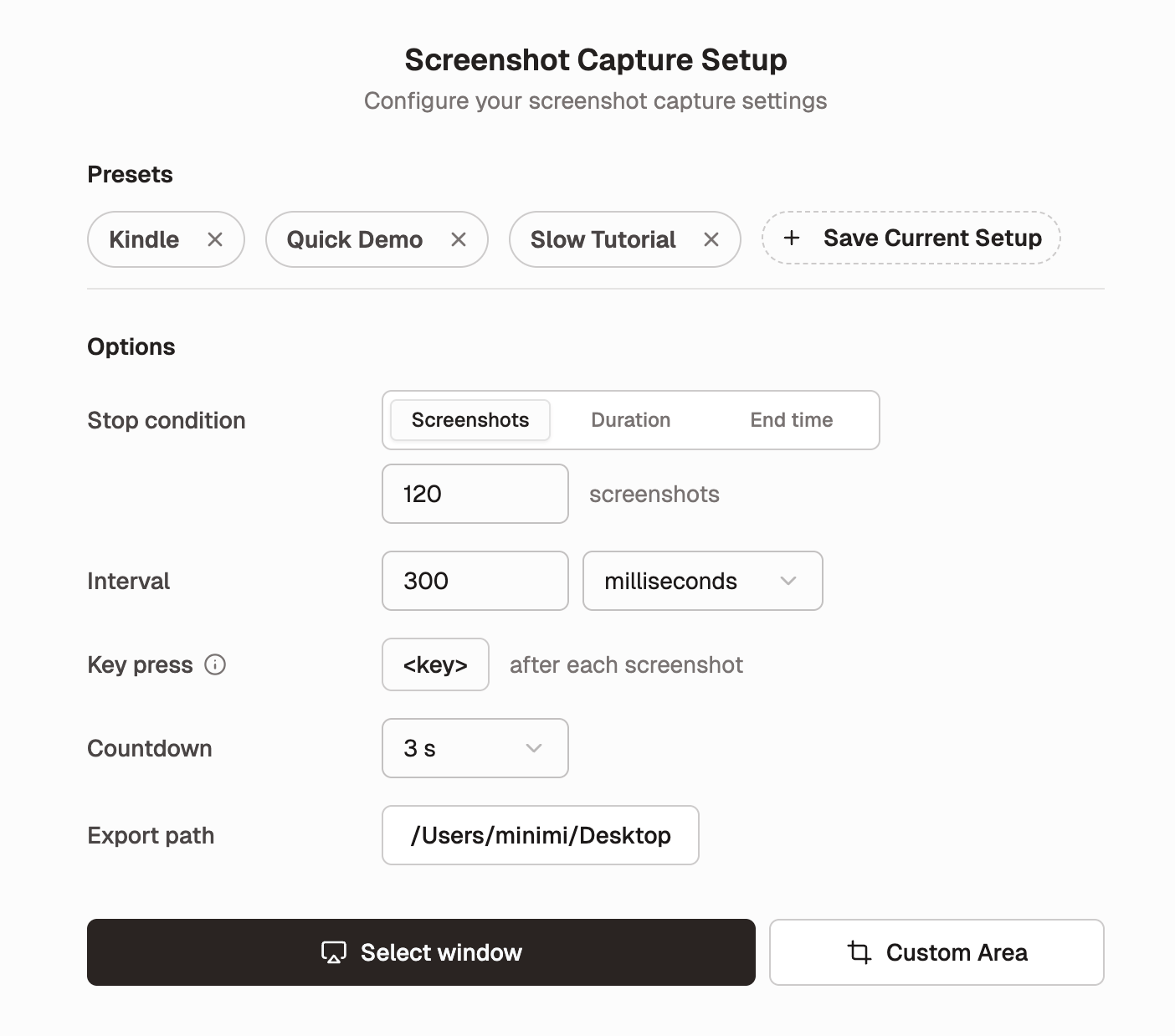 Updated Screenshot Capture setup with grouped options and stop condition tabs