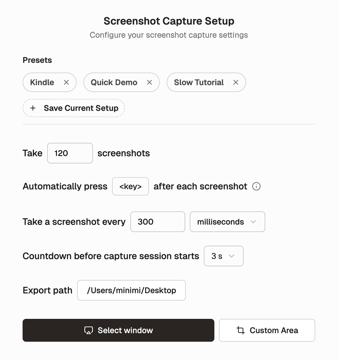 Previous Screenshot Capture setup with capture settings written as sentence-style rows