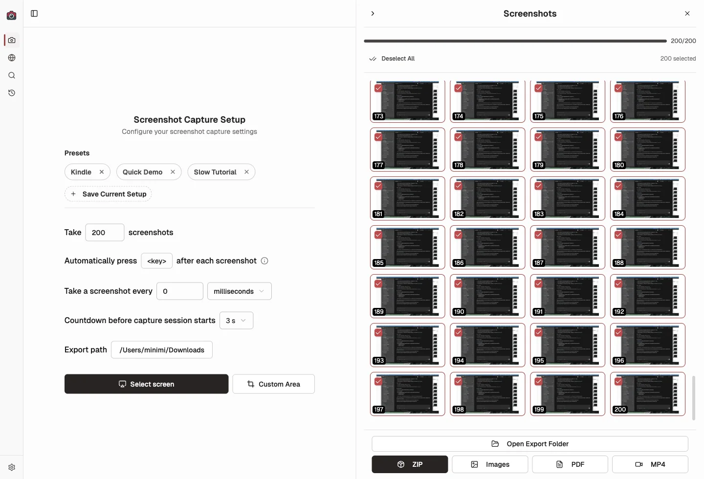 Shotomatic capture sidebar showing the later thumbnails in a long screenshot session