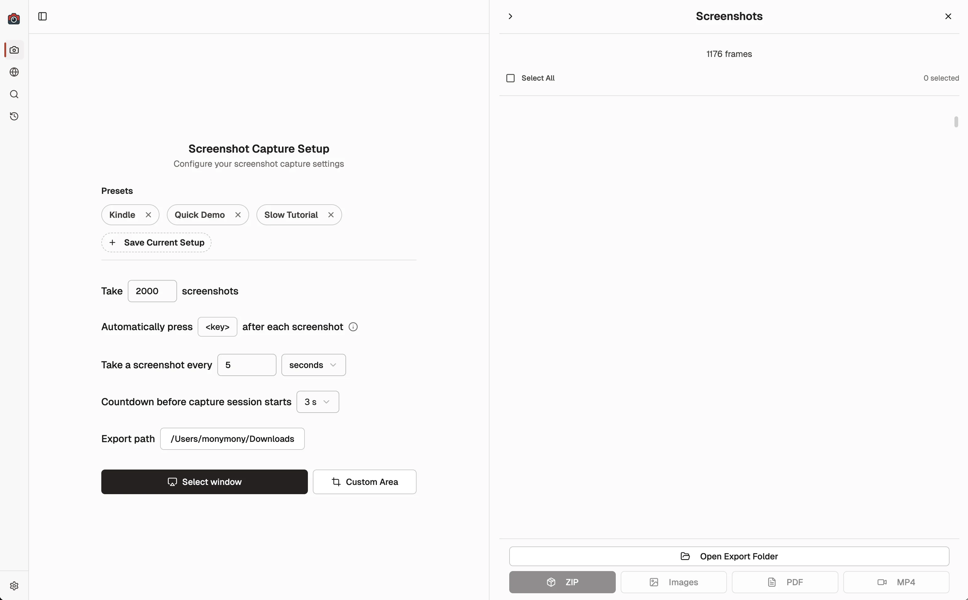Shotomatic showing a long screenshot session where the sidebar is blank even though the session count keeps increasing