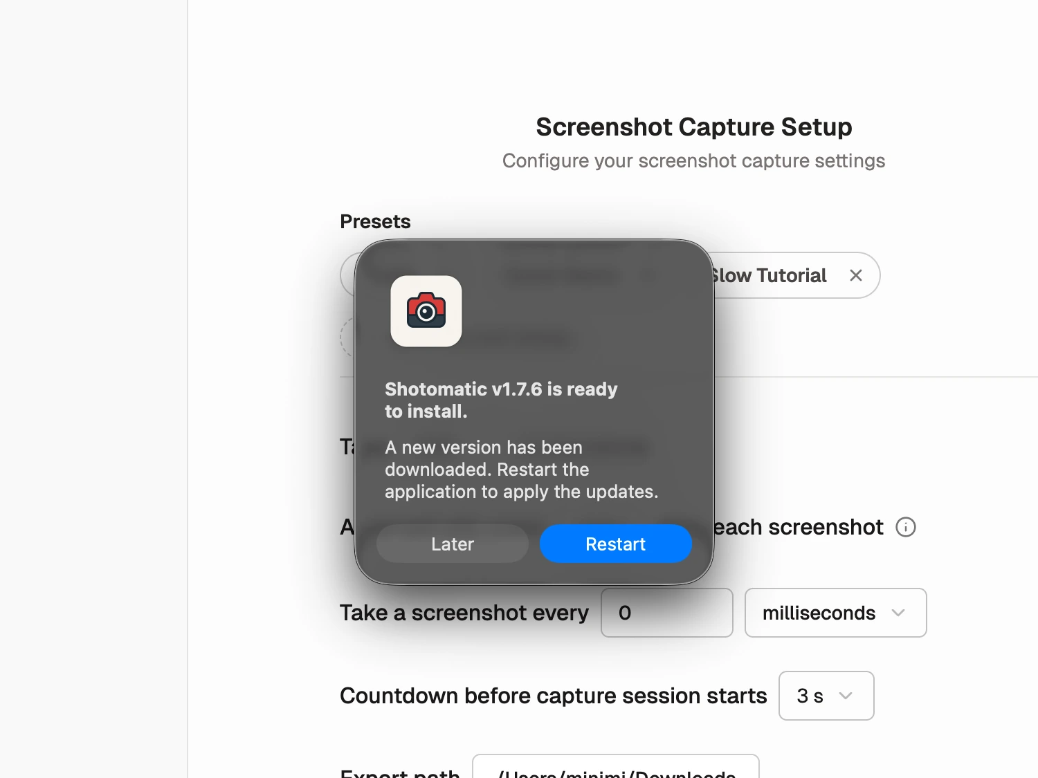 Shotomatic showing the old blocking native update dialog in the middle of the workspace