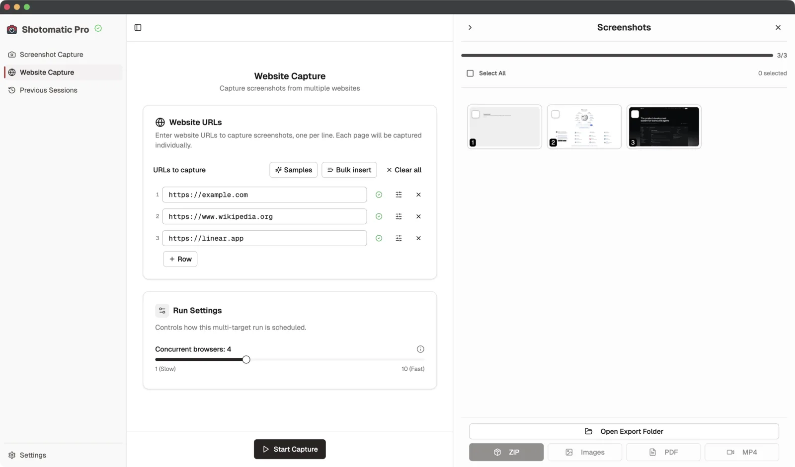Shotomatic Website Capture after a three URL batch with screenshots and export options visible